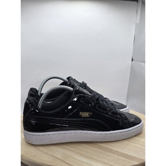 Puma Basket Heart Sneakers Shoes Womens 9.5 Patent Black Running Athletic Ribbon - Picture 3 of 7